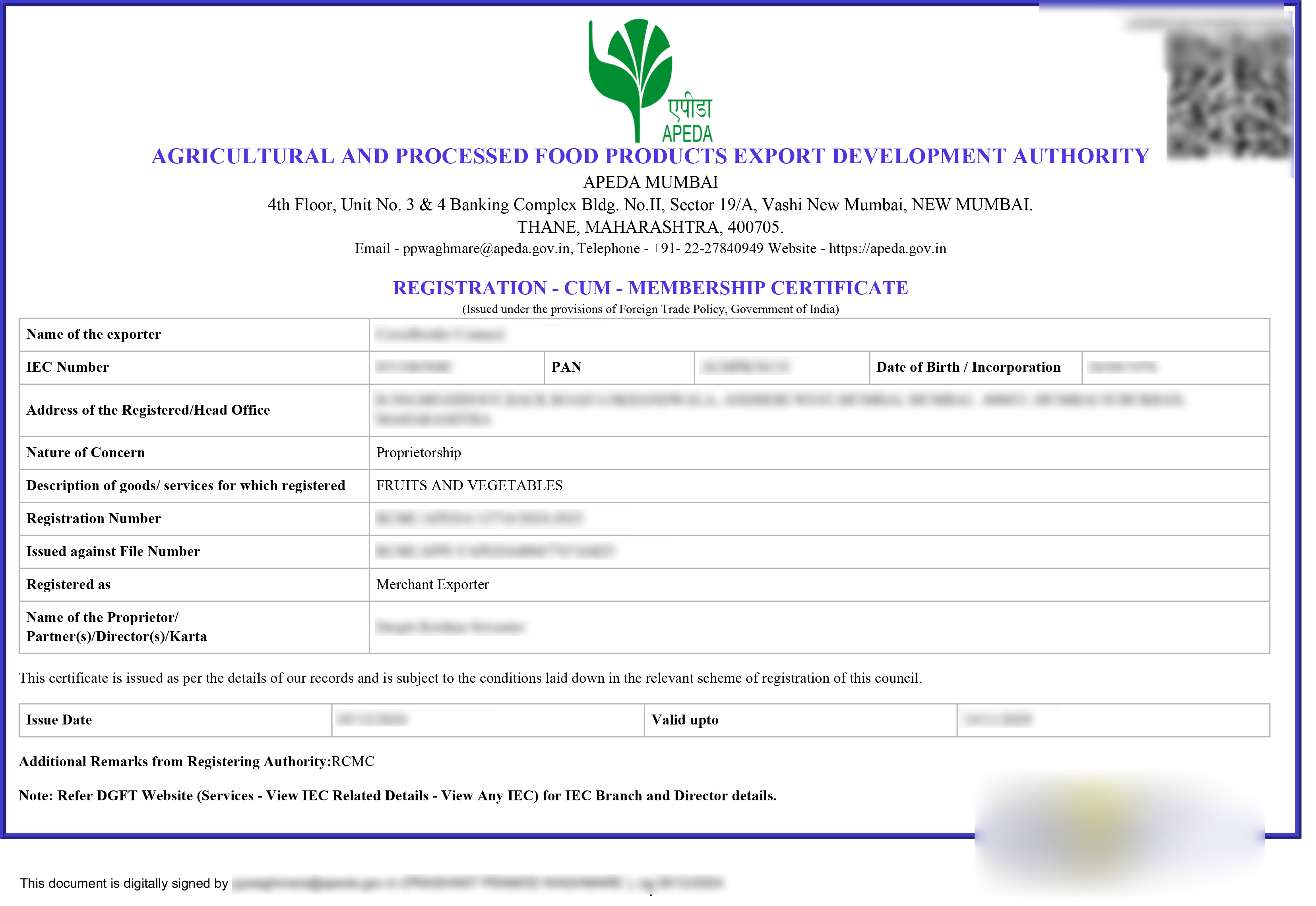 Apeda Registration Certificate Sample