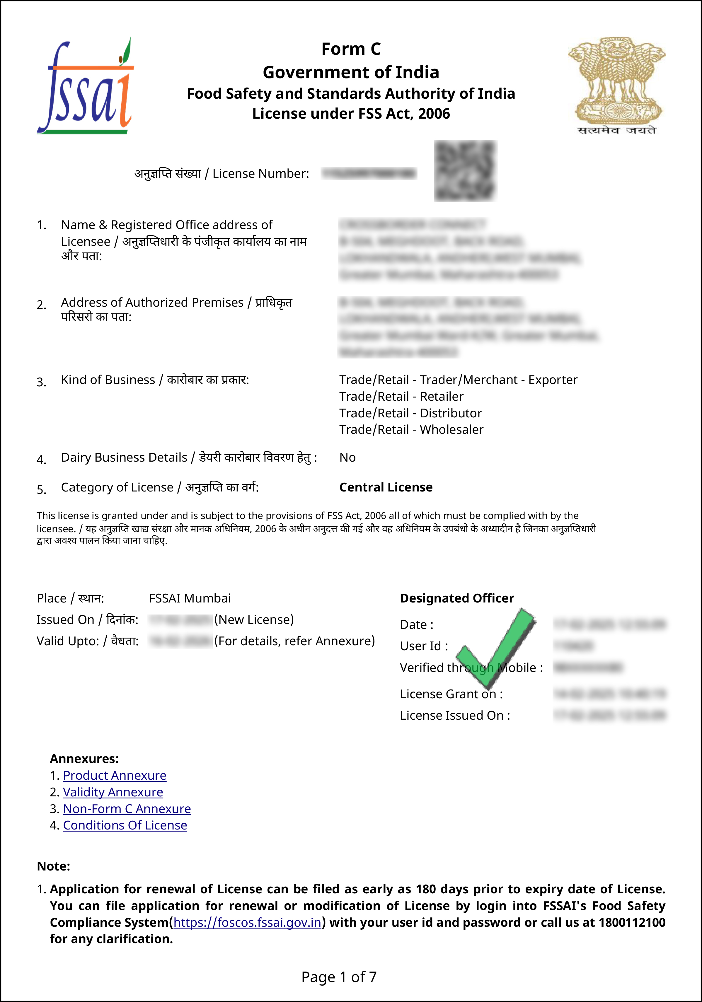 FSSAI Central License Sample Certificate