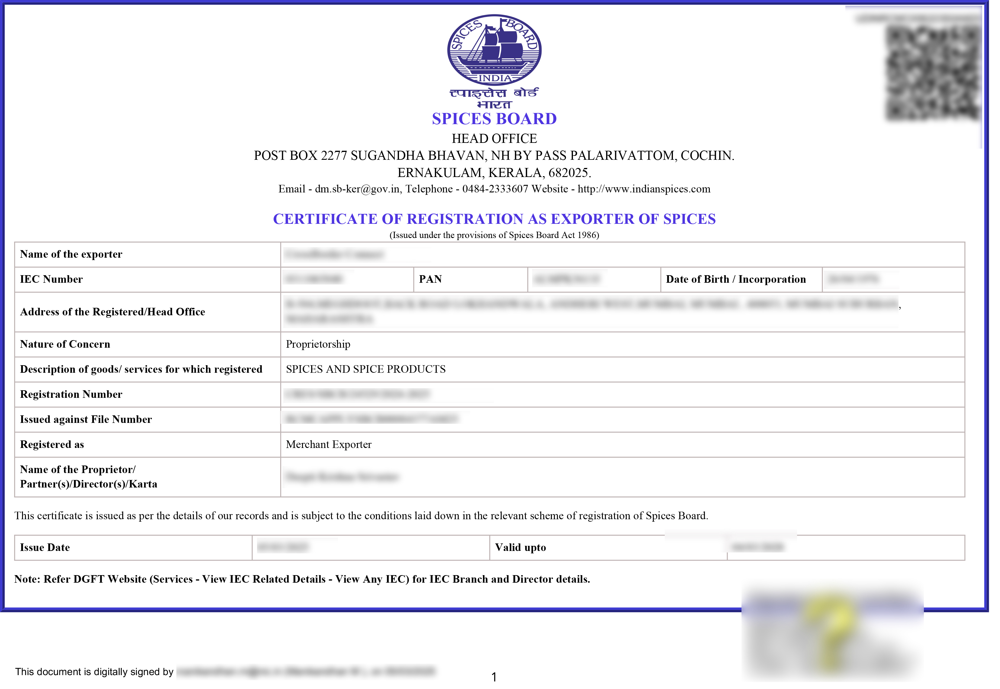 Spice Board Registration Sample Certificate