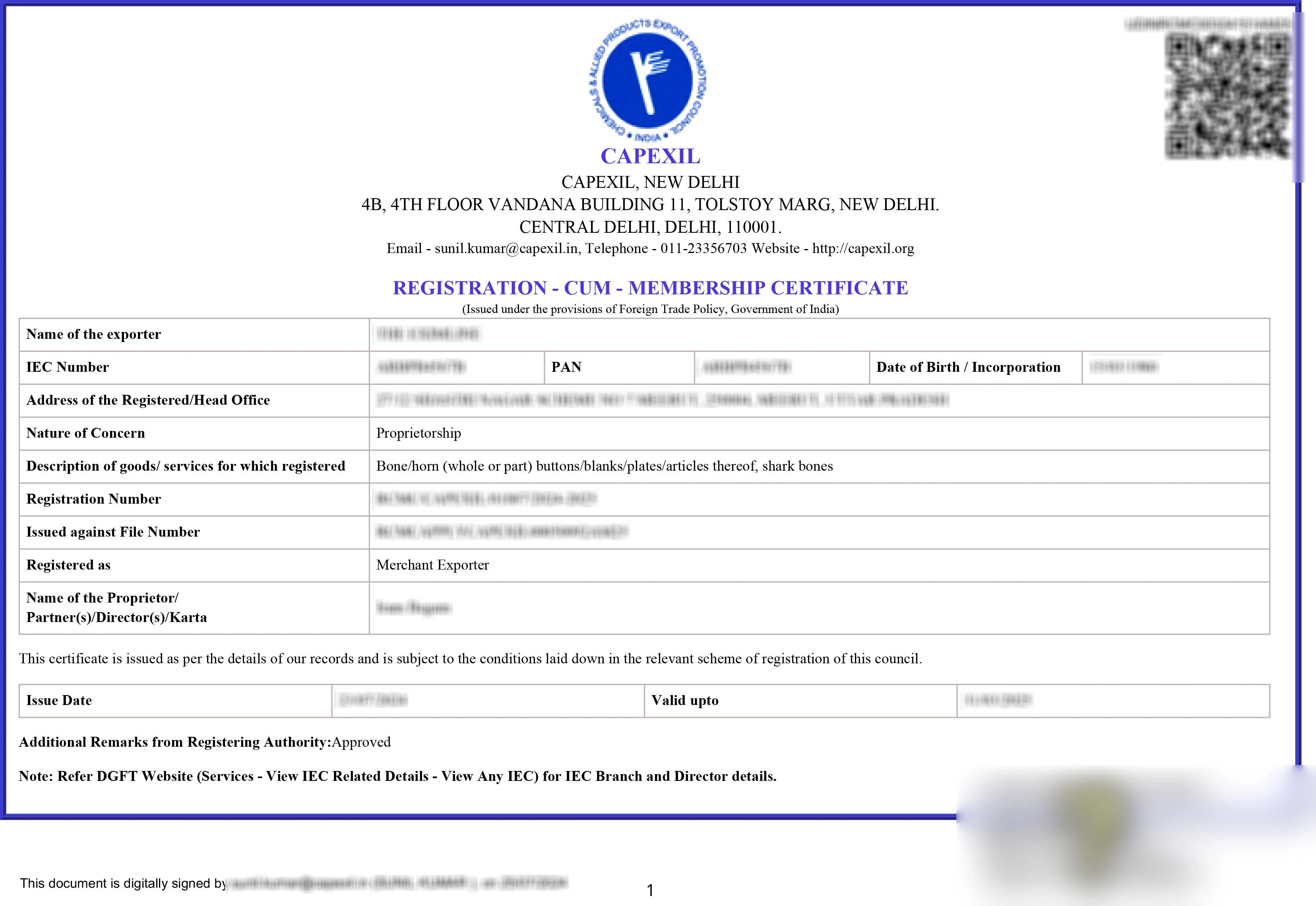 Capexil License Registration Sample Certificate