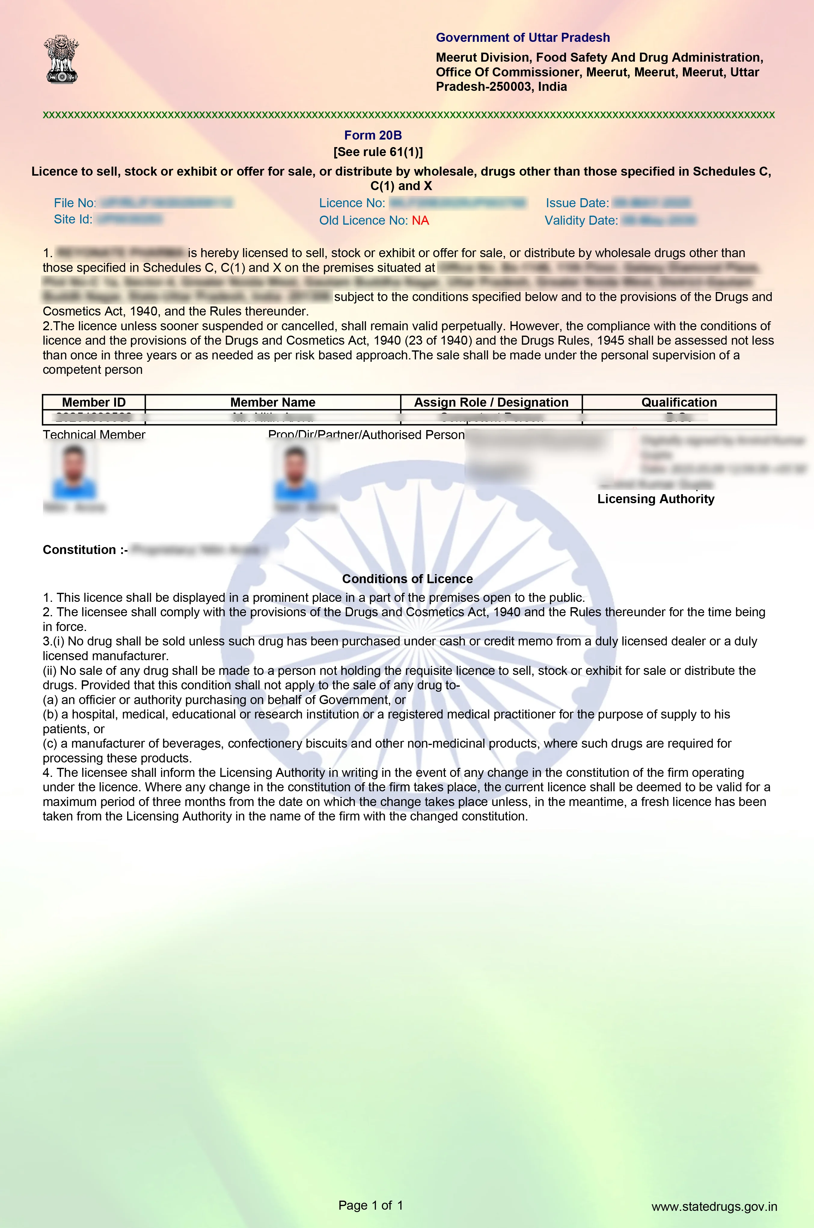 Drug License Certificate Sample